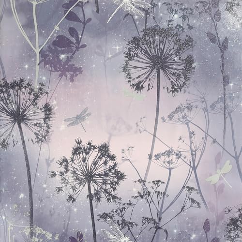 Arthouse Damselflies Purple Sparkling Wallpaper - Encased Glitter Gel Highlights Catch The Light - Subtly Sparkling Glamour - Delicate Scattered Botanical Motifs - Adds a Magical Effect - 692306