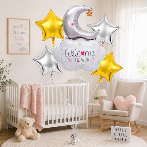 Image of Rozi Decoration Welcome Baby Foil Balloon Set with Moon Cloud & Star Balloons, 5 Pcs Baby Shower Decoration Kit for Newborn Welcome Party & Naming Ceremony