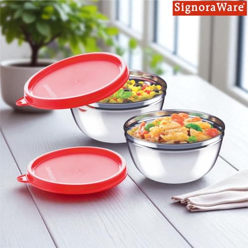 Image of Signoraware Stainless Steel Mixing Bowl Set| Dishwasher Safe| Compact Size| Odor-Free| Great for Serving Dishes| Ideal for Office & School use| Great for Gifting (500ml x 2| Set of 2| Red)