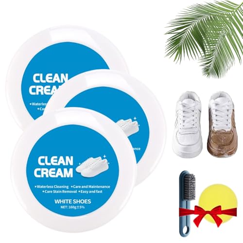 Gienslru 160g White Shoe Cleaner Cream, White Shoes Clean Cream with Sponge, Multifunctional white shoes cleaning creams for Various shoes, Leather Products,Furnitures, No-Wash (*3)