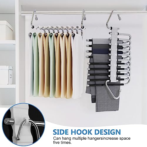 9 Etagen Hosenbügel Kleiderbügel Platzsparend 2 Stück Faltbare Multi Bügel Rutschfester, Multifunktionaler Schrank-Organizer aus mit Haken für Hosen,Schals,Jeans（Schwarz mit 10 Clips）