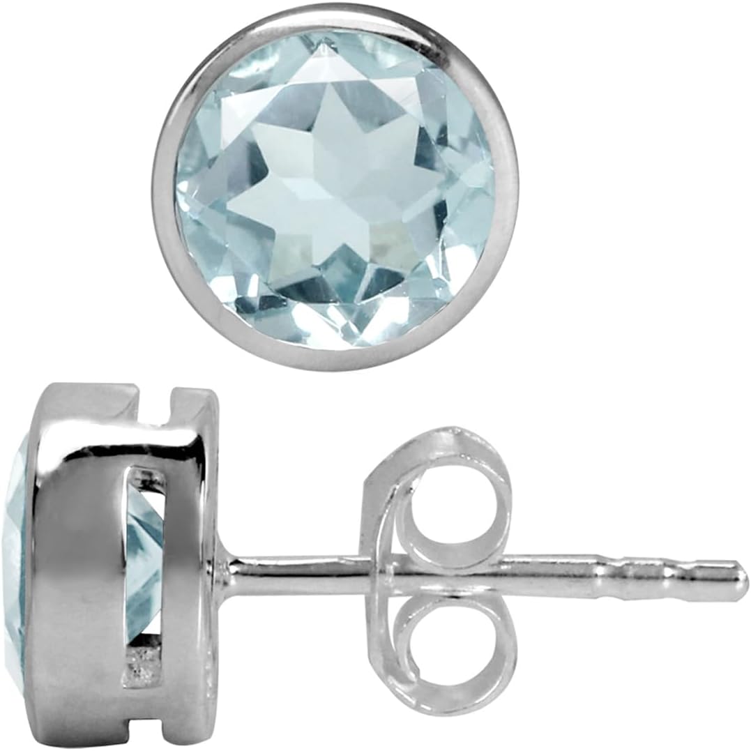 Silvershake 6MM Round Shape Bazel Set Birthstone Gemstone 925 Sterling Silver Stud Post Earrings Jewelry for Business Women or Teens