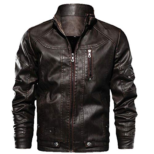 Men PU Leather Motorcycle Biker Jacket Vintage Slim Fit Hood Stand Zipper Outwear (XL, Brown)