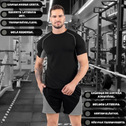 Conjunto Bicolor Básico Kit Masculino Dry Fit Anti Suor Novo (Preto com Cinza, G)