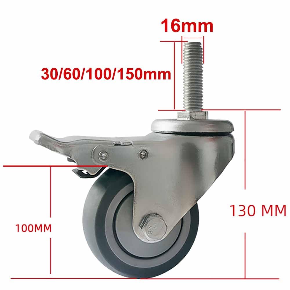 M16 Roulettes Pivotantes à Tige Filetée, 100mm Roulettes Robuste de Industriel avec Verrouillage Frein, Roulettes de Rechange Silencieuses pour Appareils et équipements, 4 Pièces (Color : Br