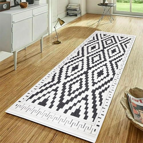 Non Slip Thick Modern Rug Long Hallway Runner Rug Kitchen Bedroom Living Room Carpet Floor Mat Door Mat (Black Cream, 80x150cm)