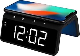 Relógio Digital Despertador com Carregador por Indução 15W, Abajur LED RGB, Display LED, Compatível com iPhone e Samsung, USB-C, (Preto)