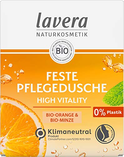lavera, Feste Pflegedusche High Vitality mit BioOrange und BioMinze reinigt die Haut sanft ohne sie auszutrocknen 3x ergiebiger als flüssiges Duschgel Naturkosmetik Stk 50g, Weiß, Zitrus/Orange
