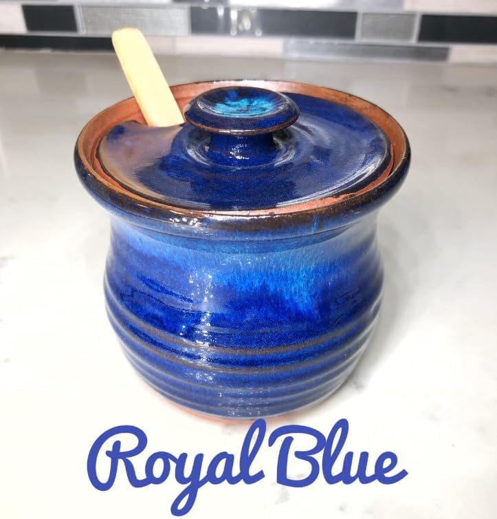 Handmade Ceramic Honey Jar with Dipper, Glazed Sugar Dish Pottery Container, Kitchen Counter Storage, Christmas Gift for Home Cooks (Emerald Green, Dipper for honey)