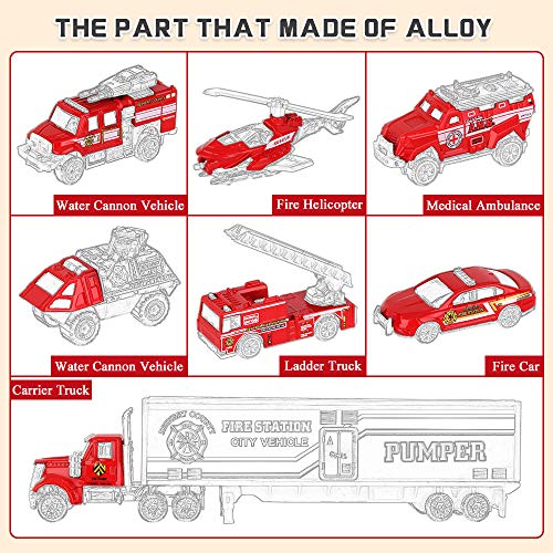 Oenux Diecast Fire Truck Emergency Rescue Vehicle Toy Set With Play Mat, Carrier Truck,Fire Helicopter, Ambulance, Ladder Truck, Alloy Metal Fire Fighting Car Play Set For Toddlers Kids Boys Girls #TOP2