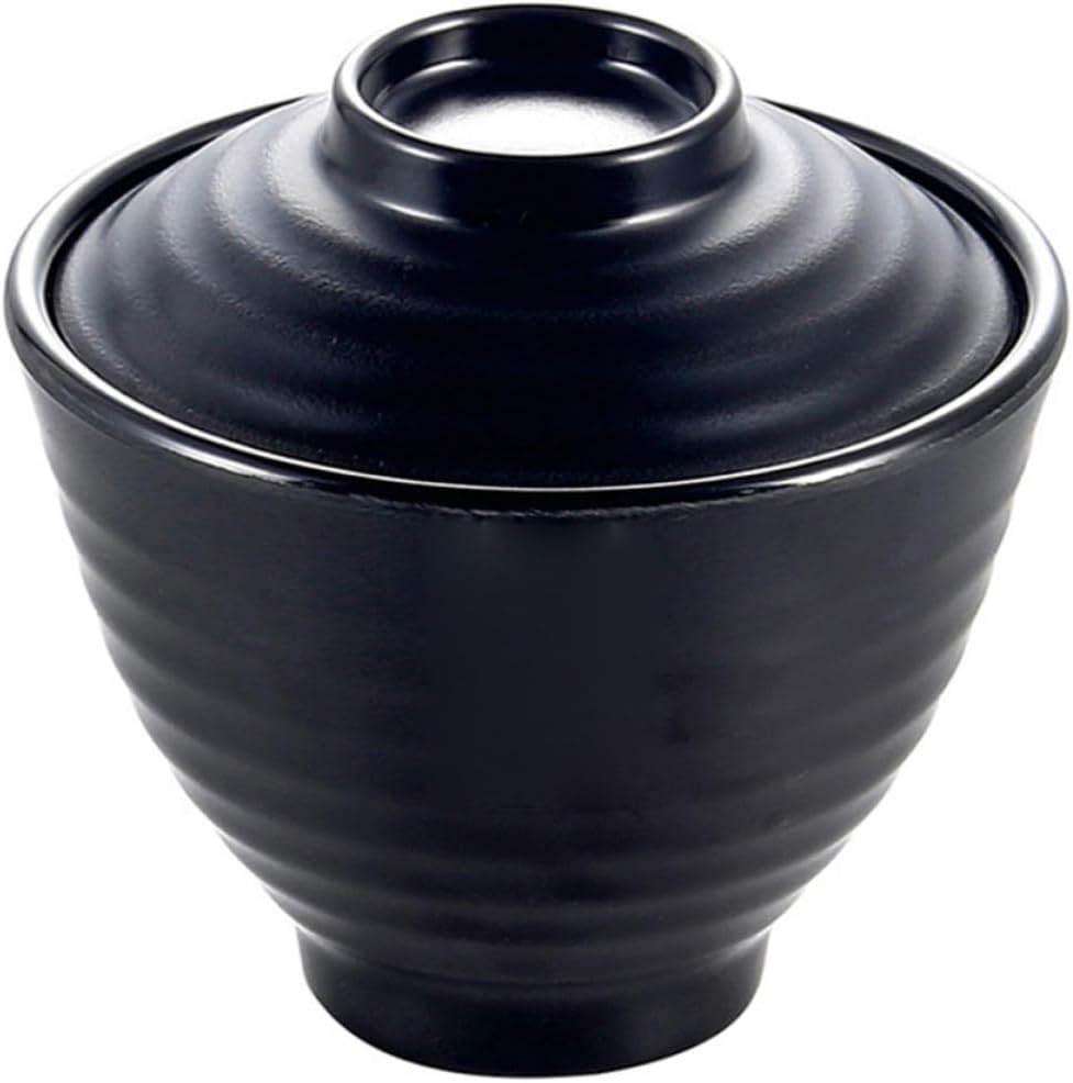 Black Melamine Threaded Bowl with Lid for Hand-pulled Noodles, Japanese Style Soup Bowl with Simple Chic Design, Heat Resistant from 30℃ to 120℃, for Hotel and Dining Room Use