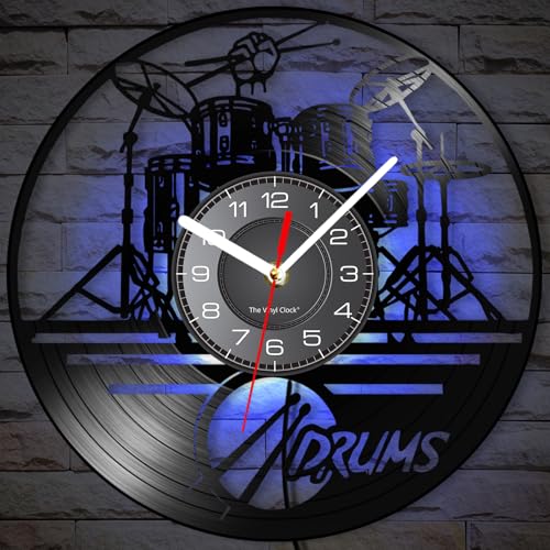 12'' Drum Set Clock with 7 Luminous Modes, Drummer Wall Clock Silent Non Ticking Musical Instrument Wall Watch Drums Clock Drummer Gifts for Men Music Room Studio Rock N Roll Decorations