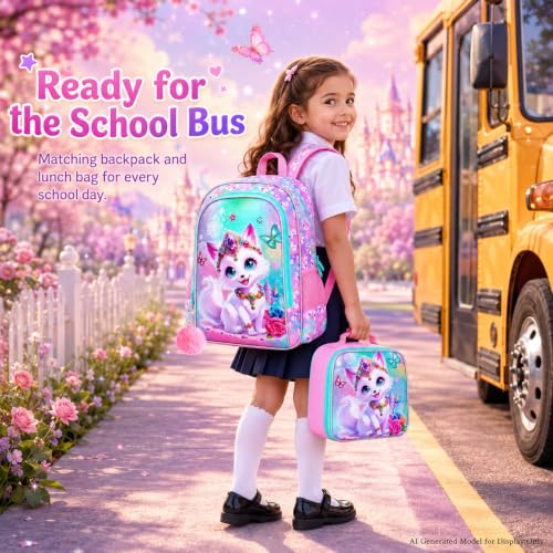 Image of 3Pcs Fox Backpack for Girls, 16 inch Kids Bookbag with Lunch Box，School Backpacks for Elementary Preschool Kindergarten (Pink)
