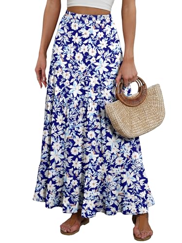 Image of ANRABESS Womens Maxi Skirt Elastic High Waist Swing Tiered A-line Flowy Pleated Boho Beach Vacation Long Skirts