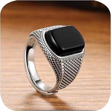 Mens Black Onyx Rings Square Agate Rings for Men Pinky Band for Dad Father him Jewelry Gift Anniversary Birthday 925 Sterling Silver Plated Wedding Vintage Fashion Cocktail Statement Onyx Ring