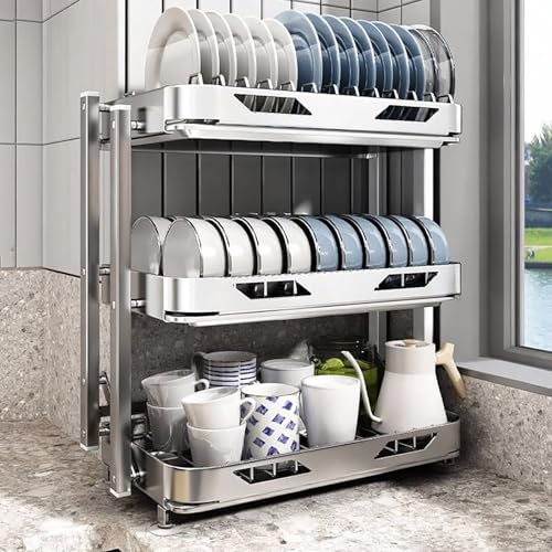 Egouttoir à vaisselle inox avec plateau amovible anti-calcaire et pliable