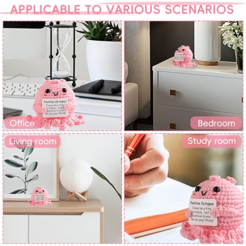 Image of Zibuyu Handmade Crochet Octopus Toys Desk Decor with Positive Message Card Cute Motivational Crochet Toys Gift for Office Home Baby Nursery, Pink