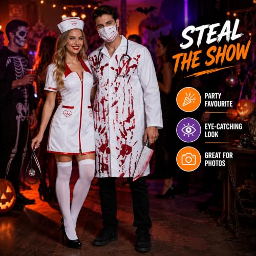 Lizzy Bloody Doctor & Nurse Costume Set for Adults, Halloween Fancy Dress Couple Outfit with Coat, Mask & Accessories for Party Cosplay — photo 4