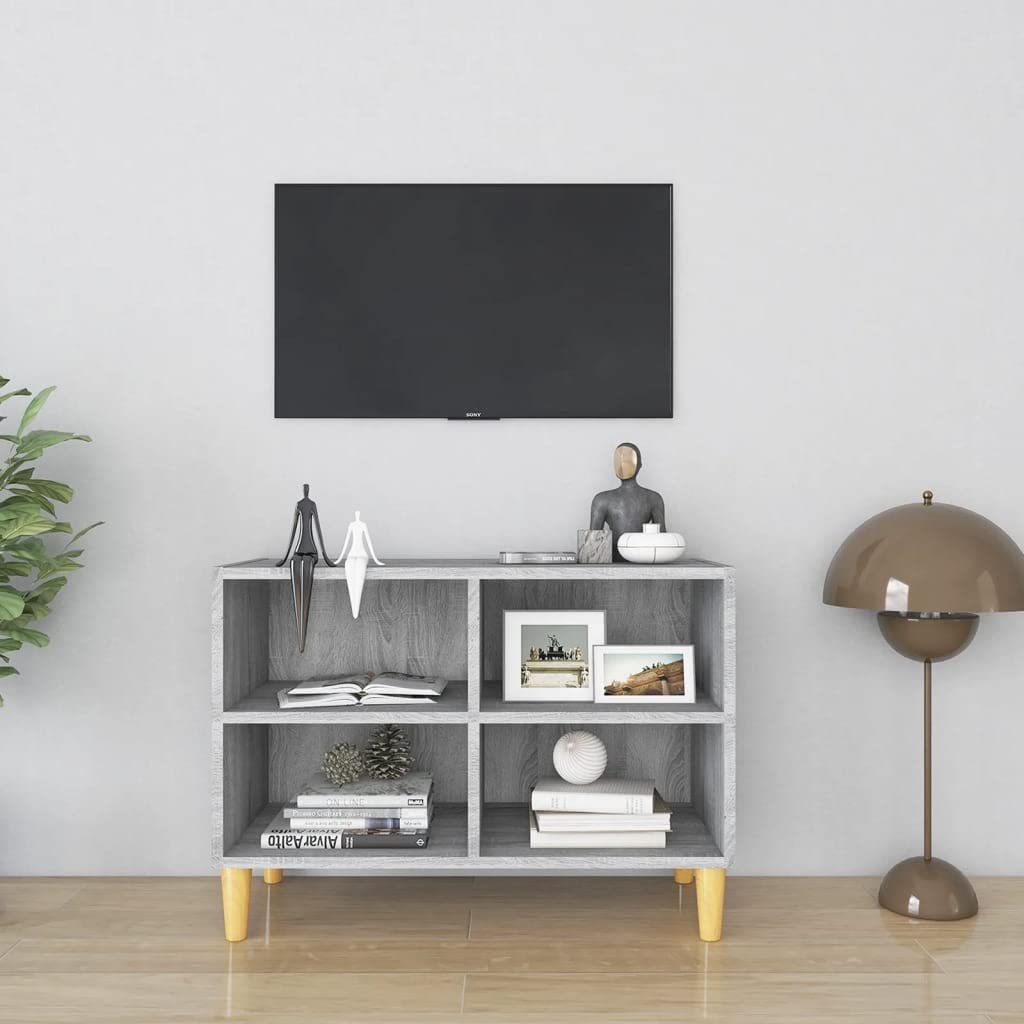 Mobile TV grigio Sonoma con gambe in legno massiccio di eucalipto, 69,5 x 30 x 50 cm, credenza con 4 scomparti e molto spazio per riporre oggetti, per soggiorno e home theater, mobile basso