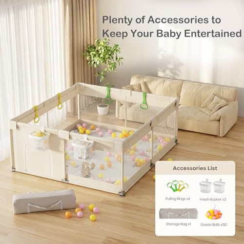 Image of Zeebaba Baby Playpen with Mat, 71x59 in Beige Indoor Play Yard