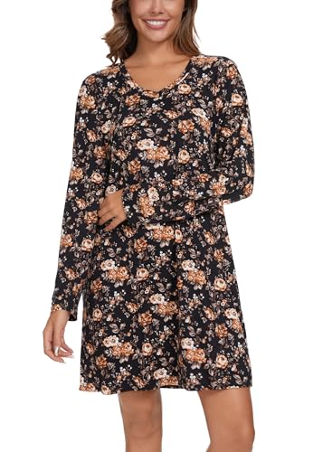 Image of Kabento 2 Pack Long Sleeve Nightgowns for Women Soft Cotton Night Gowns Sleepwear V Neck Nightshirts