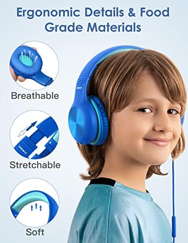 Nabevi Kids Headphones, Childrens Headphones with Microphone, 85dB/94dB Volume Limit, HD Sound, Sharing Function, Adjustable Foldable Wired Toddler headphones for School/Travel/PC/Phone, Blue
