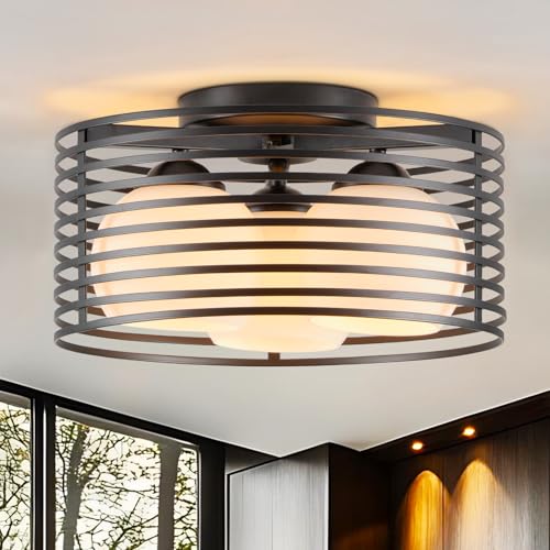 Modern Industrial Matte Black Round Semi Flush Mount