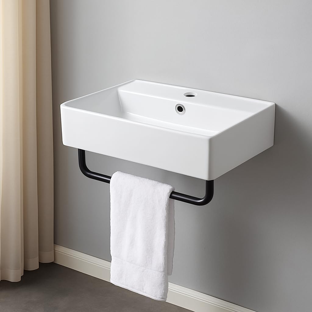22"x12" Floating Bathroom Sink with Towel Rack, Wall Mount Rectangular Vessel Sink with Overflow, Modern Ceramic Vanity Sinks for Restroom, Rv