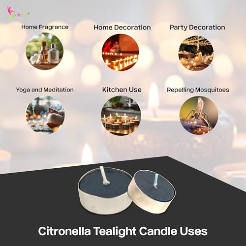 Image of Kriti Life Citronella Scented Tealight Candles - 100% Paraffin Wax, Smokeless, Long Burn Time (4.5 Hours), Dripless Blue Candles for Home Decor, Diwali, Weddings & Meditation - Set of 50