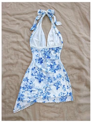 Image of BEAUDRM Women's Summer Mini Dress Halter Backless Vacation Beach Sundresses | Boho Dress, Floral Dress for Women, Vacation Beach Outfits, Going Out Dress, Brunch Outfits
