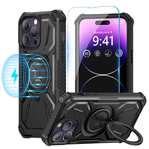 pcgaga for iPhone 14 Pro Max Case with MagSafe & Stand, Includes Tempered Glass Screen Protector, Camera Lens Protector, Military-Grade Drop Protection & Shockproof Rugged Cover, 6.7-inch, Black