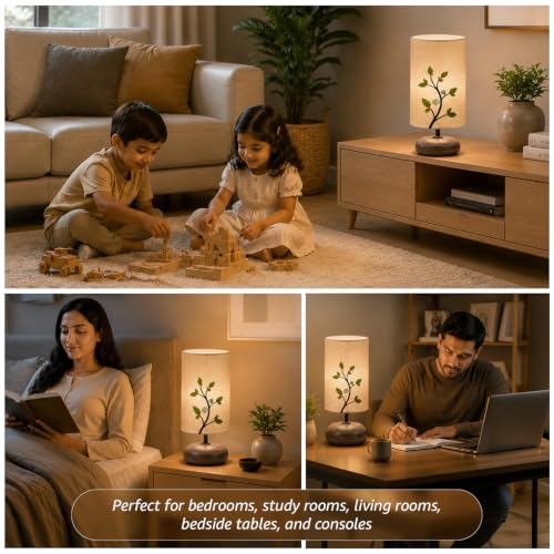 Image of Amazon Basics Twig & Leaf Table Lamp | Grey Base with Floral Branch Fabric Shade | E14 Holder | Decorative Night Lamp for Bedroom, Living Room & Study Room | Home Decor Gift
