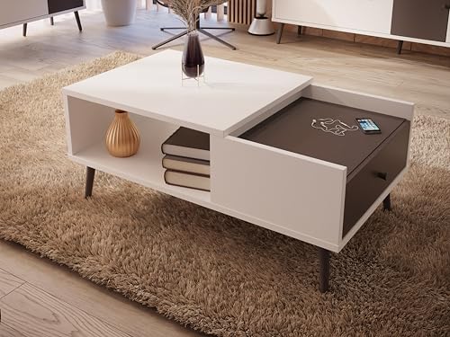 FORTE Harllson, einfache Montage Dank EasyKlix Couchtisch Weiß mit Uni Wolfram Grau, Wohnzimmertisch mit Schublade, skandinavischer Stil, Retro, 106 cm breit x 45 cm hoch x 60 cm tief