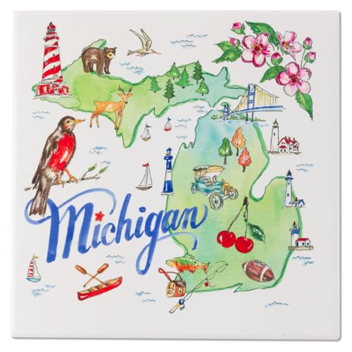 Boston International Ceramic Trivet Rosanne Beck State Collection Non-Slip Hot Pads for Counters and Tables, 8 x 8 Inches, Michigan