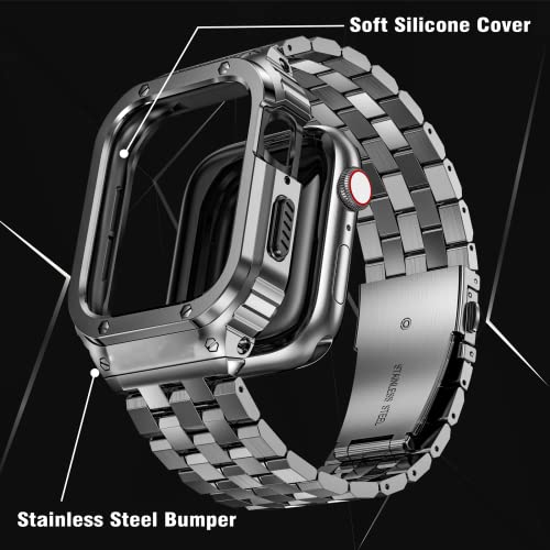 Image of SUPLINK Stainless Steel Case with Bands Compatible with 42mm 44mm Apple Watch Band Men, Metal Rugged Protective Bumper for iWatch Apple Watch Series SE (3 /2 /1) 6 5 4 3 2 1, Space Grey