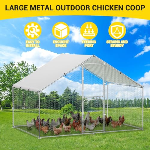 Large Metal Chicken Coop Run,Outdoor Walk-in Cage Peak Hen House with Waterproof and Anti-Uv Cover,Spire Roof Hen House with Security Lock for Outdoor and Backyard,Farm 9.8 x 6.5 x 6.5 ft