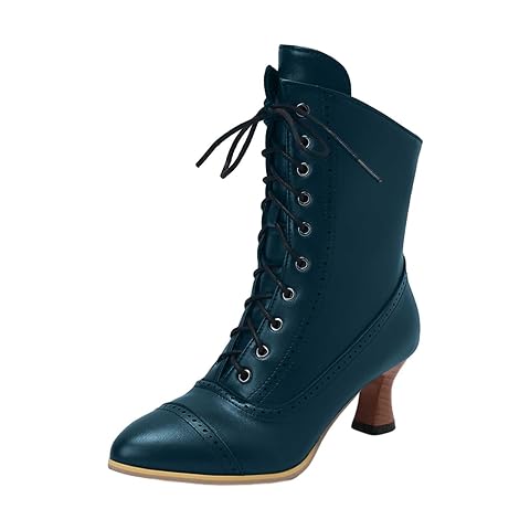 Dress Shoes for Women Round Toe Lace up Kitten Heel Renaissance Ankle Boots 70s Witch Shoes Steampunk Boots