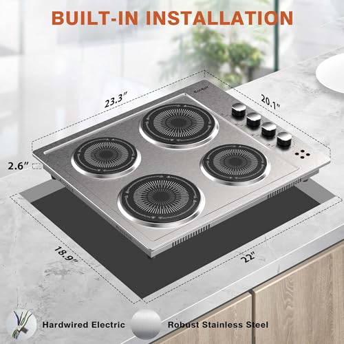 Electric Cooktop 4 Burner - 24 Inch Stainless Steel Electric Stove Top 220V, 5200W Bulit- in Electric Cooktop with 4 Ceramic Hot Plate, Overheat Protection, Knob Control, 220-240V (No Plug)