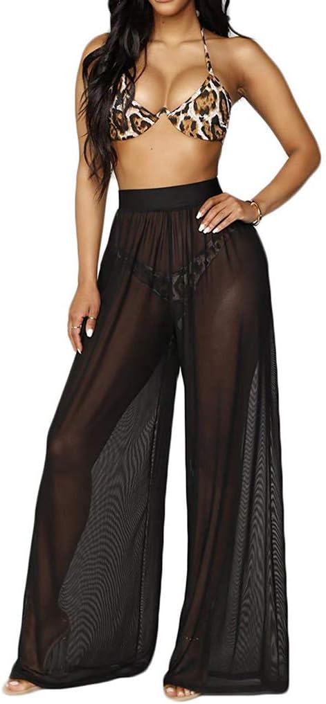 Women Sexy See Through Sheer Mesh Loose Bottoms, Swimsuit Bikini Cover Up, High Waist Wide Leg Pant (C Black, M)