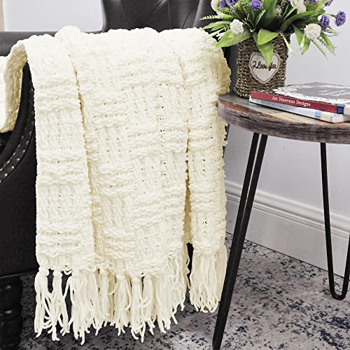 Home Soft Things Cable Knitted Throw Blankets 50'' X 60", White, Soft Cozy Fluffy Decorative Throw With Tassels Couch Bed Sofa Cover Throw Blankets #TOP4