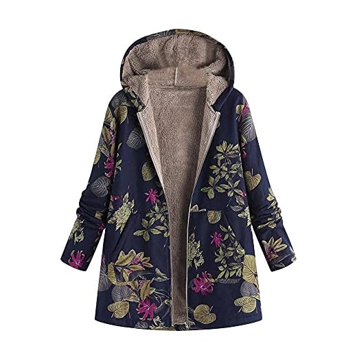 Vinterkappa dam varm lång stora storlekar parkas dam övergångsjacka kvinnor retro tryck dragkedja fritid plyschjacka med huva Sportjacka dam Outdoor quiltad jacka dam lätt kofta, marinblå, L