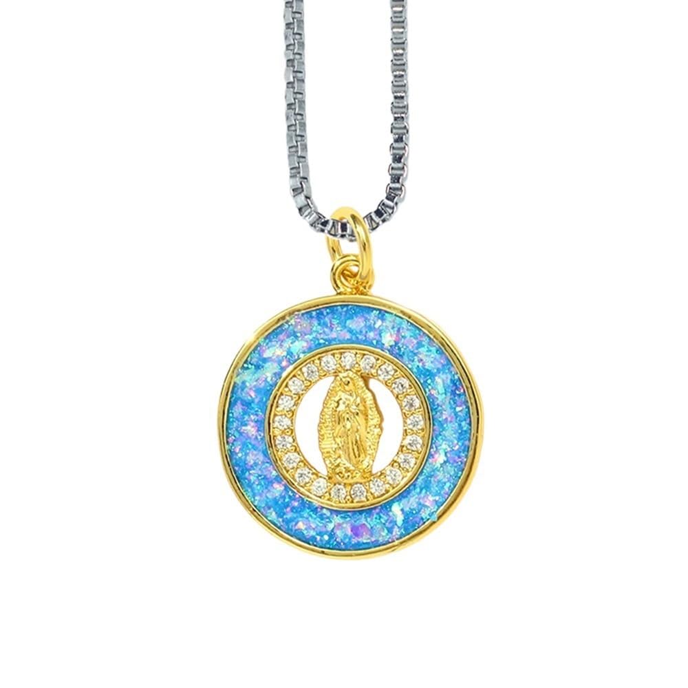 Collier Vierge Marie En Opale Bleue De Salut,Collier Médaillon En Opale