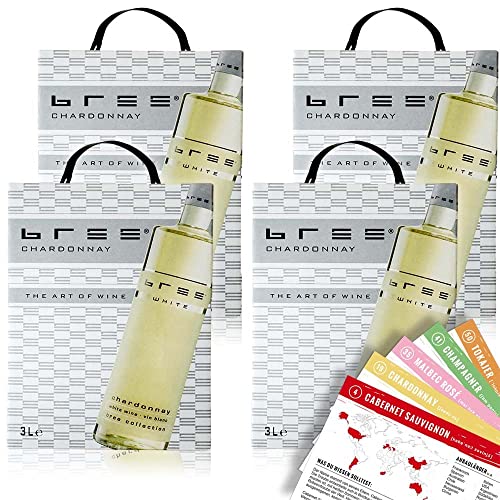 Bree Chardonnay IGP, halbtrocken, Bag-in-Box, sortenreines Weinpaket + VINOX Winecards (4x3,0l)