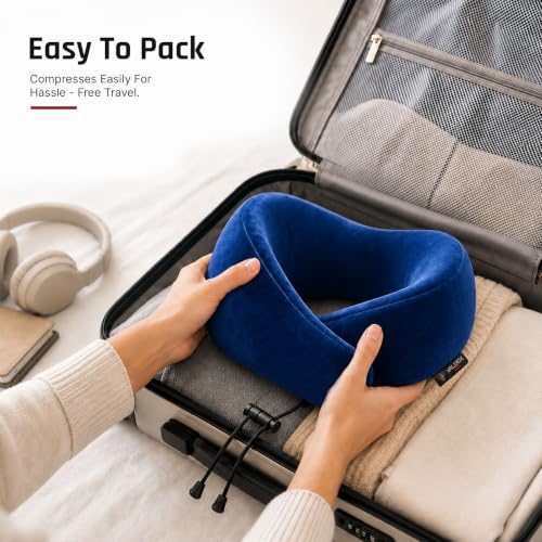 Image of Premium Memory Foam Neck Pillow by ValorX USA for Travelling 360 Neck Support with Adjustable Velcro Straps & Ultra-Soft Velvet Cover, Blue
