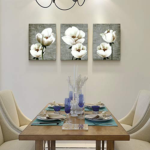 Image of Vintage Style White Flowers Abstract Wall Art - 3 Panels Modern Family Decor For Living Room, Bedroom, Bathroom, Kitchen