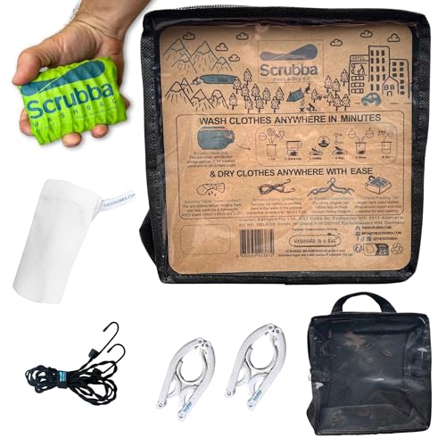 Scrubba Bolsa de Lavado Portátil Kit 2.0 – Sistema de Colada para Hoteles y Viajes – Set de Limpieza de Ropa para Acampada; Pequeño y Ecológico