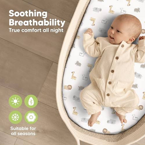 Image of 2-Pack Organic Bassinet Sheets for Girls, Boys - 100% Cotton Bassinet Mattress Sheets Compatible with Halo Bassinest Swivel Sleeper, Graco, Baby Delight, Chicco, Fitted Bassinet Sheets (KeaSafari)