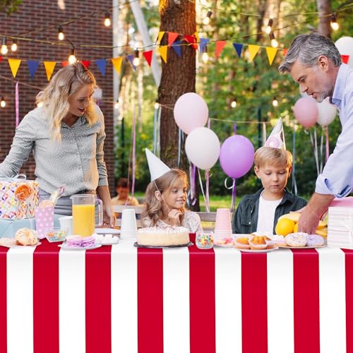 Kochorie 100 Ft x 54 Inch Red & White Striped Tablecloth Roll with Cutter Box Disposable Carnival Circus Tablecloth Cut to Size Table Cover Backdrop for Carnival Party Table Stage Supplies - Image 7