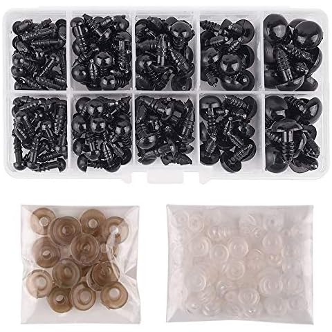 safety eyes for soft toys Plastic safety eyes 142 pieces 6 to 12 mm Black Solid Eyes with Washers in Storage Box for Puppet and Crafts Cover
