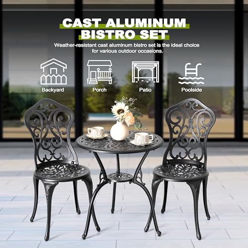 Image of NUU GARDEN 3 Pieces Patio Bistro Set, Outdoor Bistro Set with 2 Chairs, Round Table with Umbrella Hole, All-Weather Outdoor Patio Bistro Set for Garden, Lawn, Poolside, Porch, Black